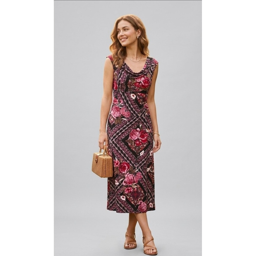 Vintage Y2K romantic Rose Print Midi Slip Dress 6 Cowl Neck Black Pink Whimsy